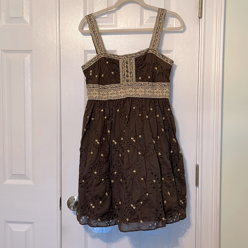 Moda International Gold Embroidery Brown Eyelet Dress